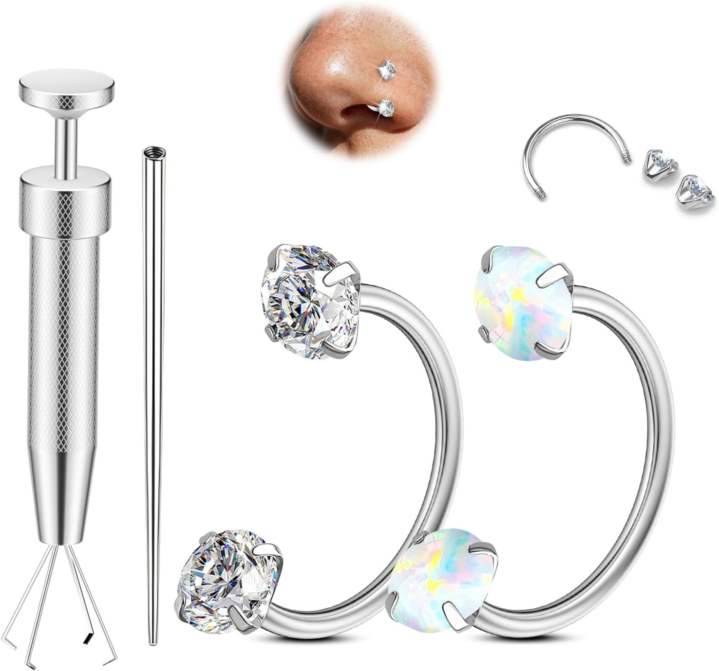 Opal Nose Ring Studs Horseshoe Nose Rings Hoops Stud 316L Stainless Steel Nose Rings round CZ Square Screw L Shaped Nose Stud Hypoallergenic Nostril Piercing Jewelry for Women Men