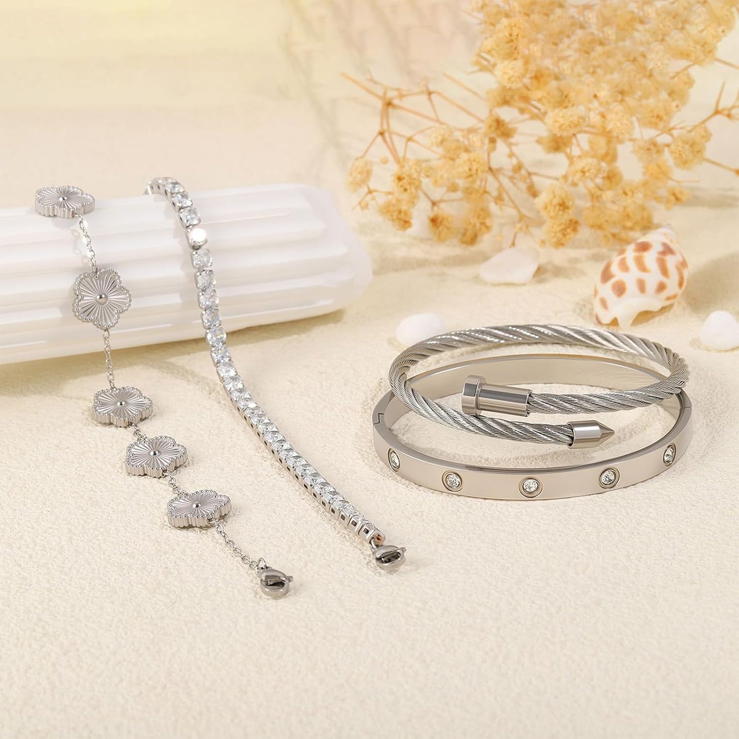 Gold Bracelets for Women-4Pcs 18K Gold Plated Love Bangle Tennis Clover Nail Bracelets Stack Set for Women Trendy Non Tarnish Stainless Steel Gold Bangles Accessories Designer Jewelry