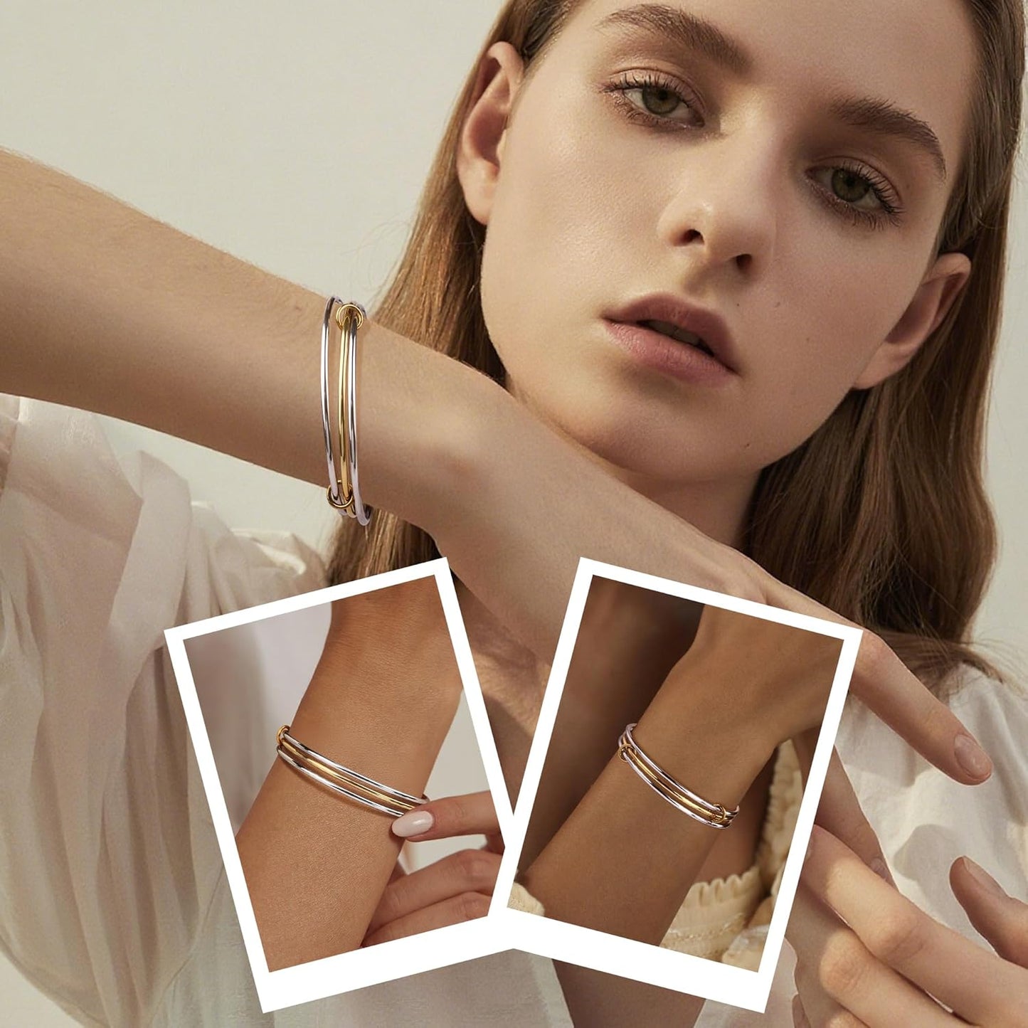 Stackable Bangles Bracelets for Women Trendy 18K Gold Plated Stainless Steel Non Tarnish Mixed Metal Bracelet Stack Triple Interlocked Two Tone Jewelry Set Gold and Silver Bracelets for Women