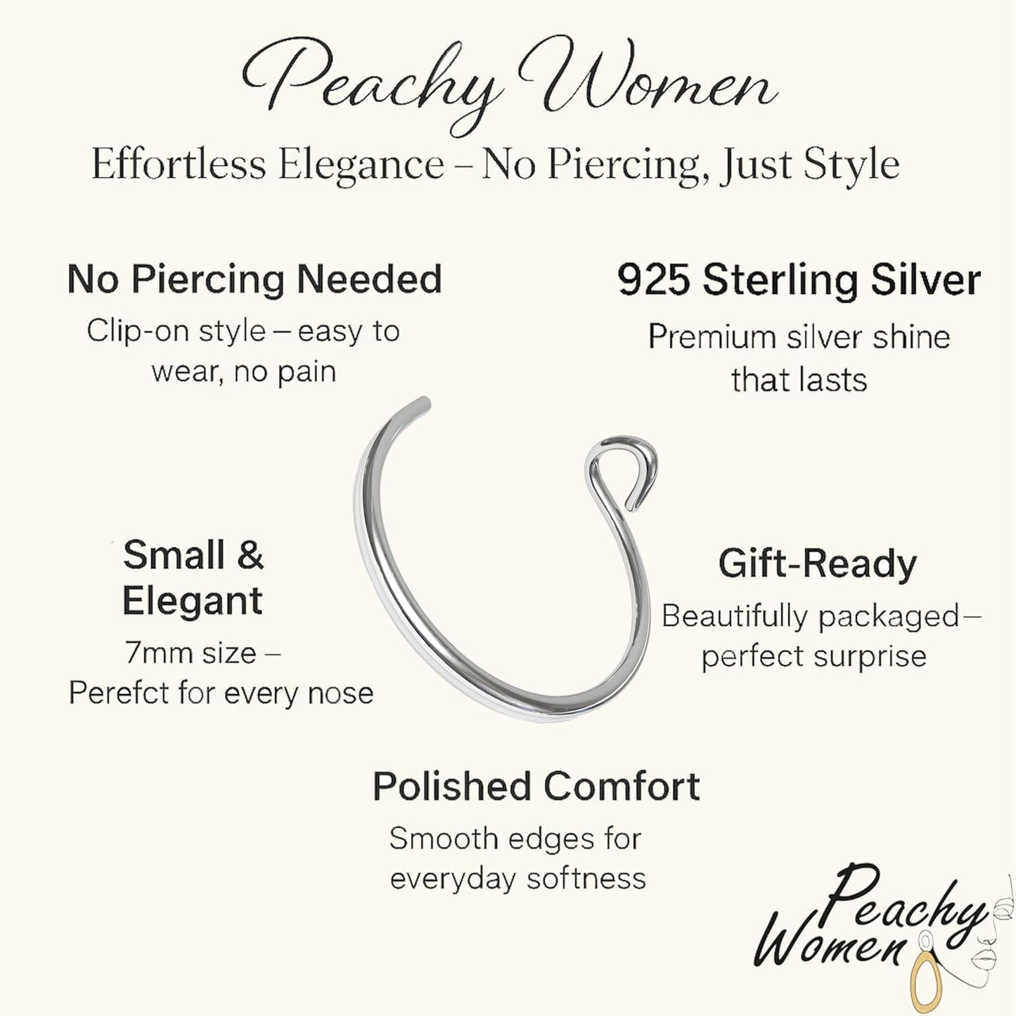 Silver Fake Nose Ring - Tiny Thin 24 Gauge 7Mm Faux Nose Piercing for Women- 925 Sterling Silver Clip on Nose Hoop - Handmade Fake Nose Rings - No Piercing Needed - Gift Ready