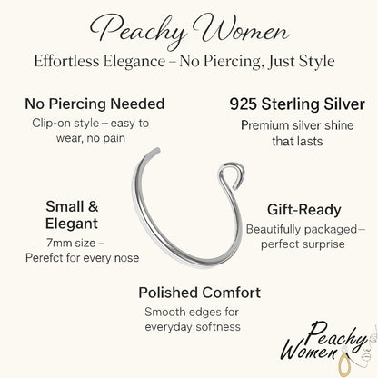 Silver Fake Nose Ring - Tiny Thin 24 Gauge 7Mm Faux Nose Piercing for Women- 925 Sterling Silver Clip on Nose Hoop - Handmade Fake Nose Rings - No Piercing Needed - Gift Ready