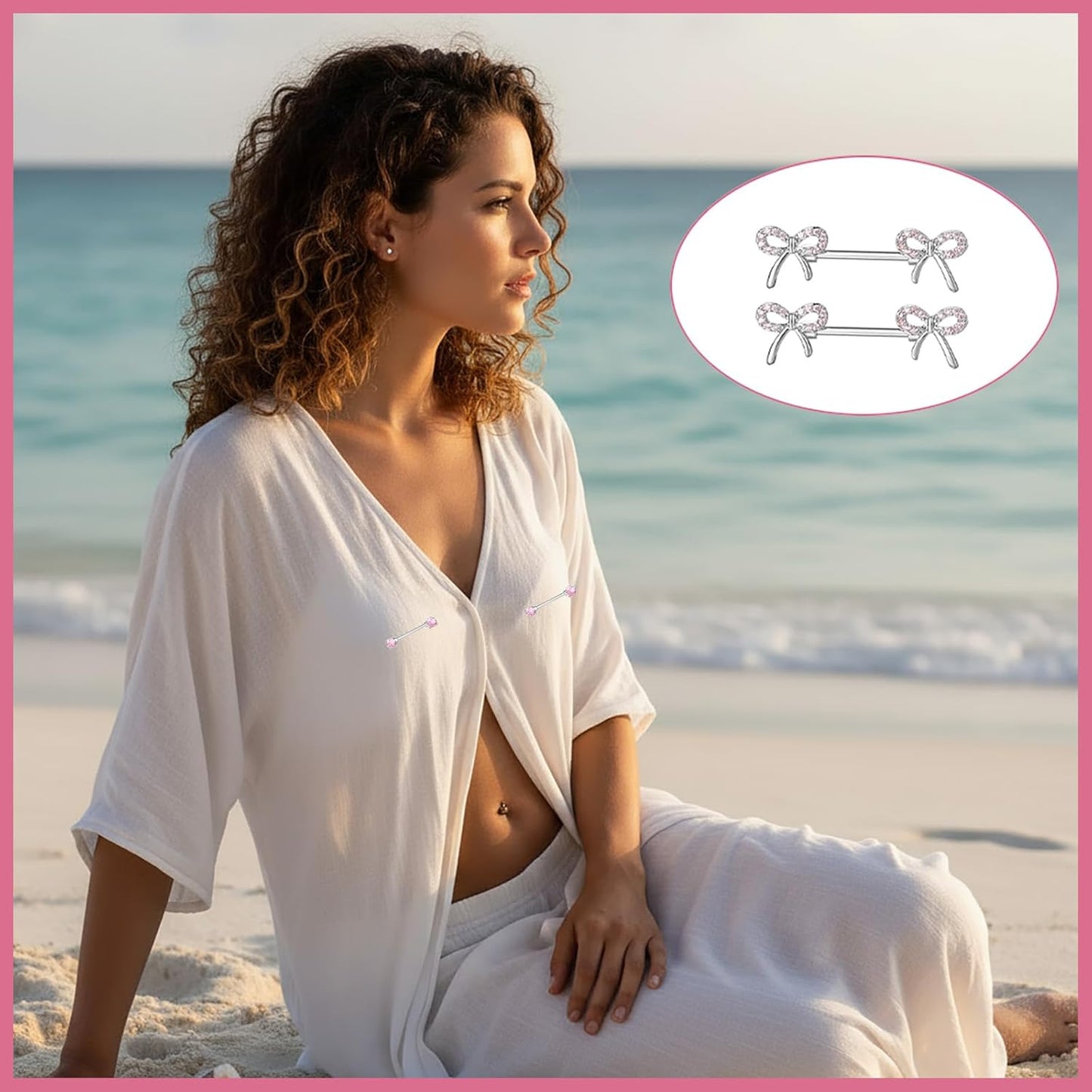 Pink Crystal Surgical Steel Nipple Rings Piercing Jewelry for Women Men, Heart/Bow/Sparkling Diamond Nipple Nail Barbell Piercing Accessory, Body Piercing Accessory Jewelry Gift ﻿