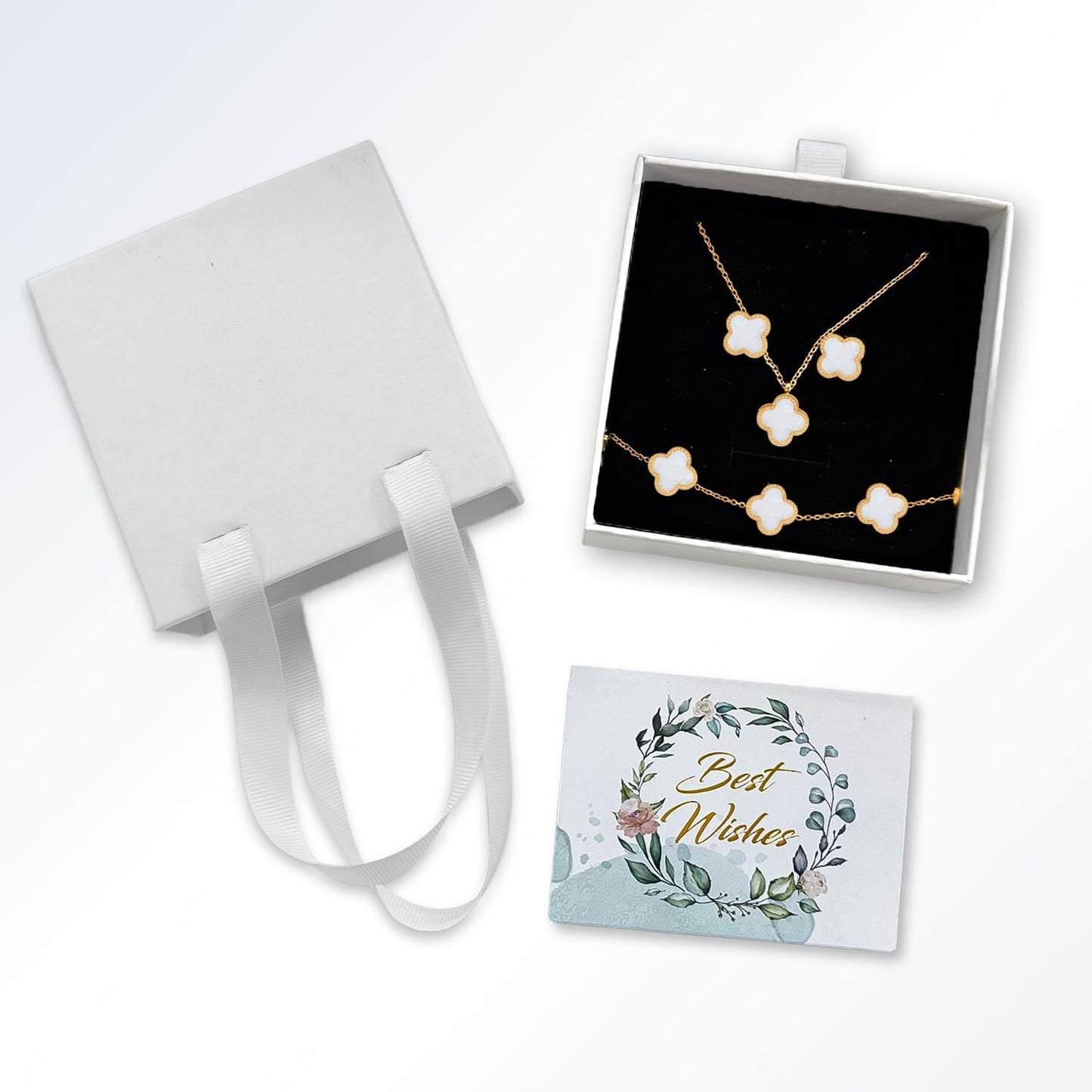 18K Gold Four Leaf Bracelets for Women, Necklace Pendant, Earrings,White Link Bracelet Exquisite Clover Jewelry Sets for Women Gift Christmas