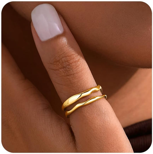 Stackable Gold Rings for Women Non Tarnish, Dainty 14K Gold Plated Chunky Stacking Rings Trendy Statement Pinky Thumb Rings Engagement Eternity Wedding Band Ring Stacking Gold Jewelry Size 4 5 6 7 8 9 10 11