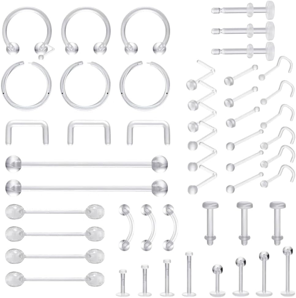 Clear Piercing Retainers - Flexible Nose, Septum Nipple Rings Plastic Body Jewelry Kit for Sports Bioflex Lip Eyebrow Belly Tongue Industrial Barbell