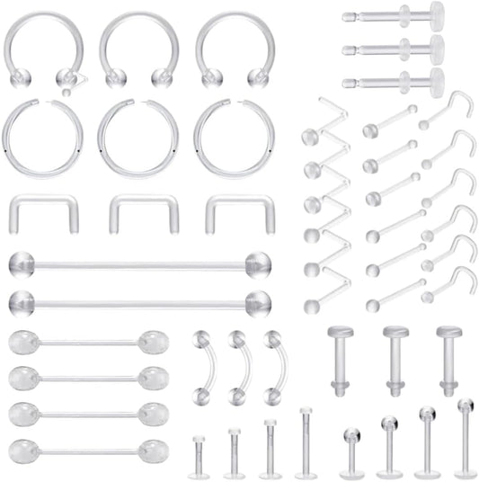 Clear Piercing Retainers - Flexible Nose, Septum Nipple Rings Plastic Body Jewelry Kit for Sports Bioflex Lip Eyebrow Belly Tongue Industrial Barbell