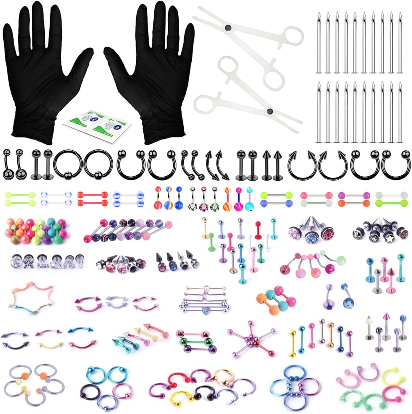 Bodyj4You 156PC Body Piercing Kit - 14G 16G 18G 20G - Belly Ring Nose Septum Tragus Ear Cartilage Industrial - Horseshoe Ring Hoop Barbell Stud Spike - Random Mix Jewelry