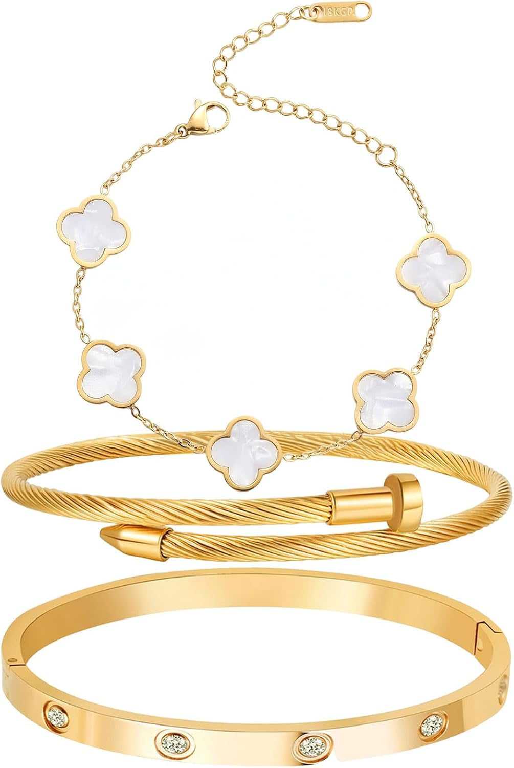 18K Gold Plated Four Leaf Clover Bracelet Bangle Set for Women Stack Bracelets Stainless Steel Bangle Set for Love Trendy Jewelry Gifts for Women (3 Sets(Bracelet,2Bangle))