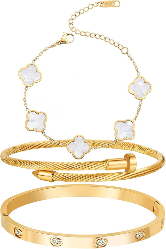 18K Gold Plated Four Leaf Clover Bracelet Bangle Set for Women Stack Bracelets Stainless Steel Bangle Set for Love Trendy Jewelry Gifts for Women (3 Sets(Bracelet,2Bangle))