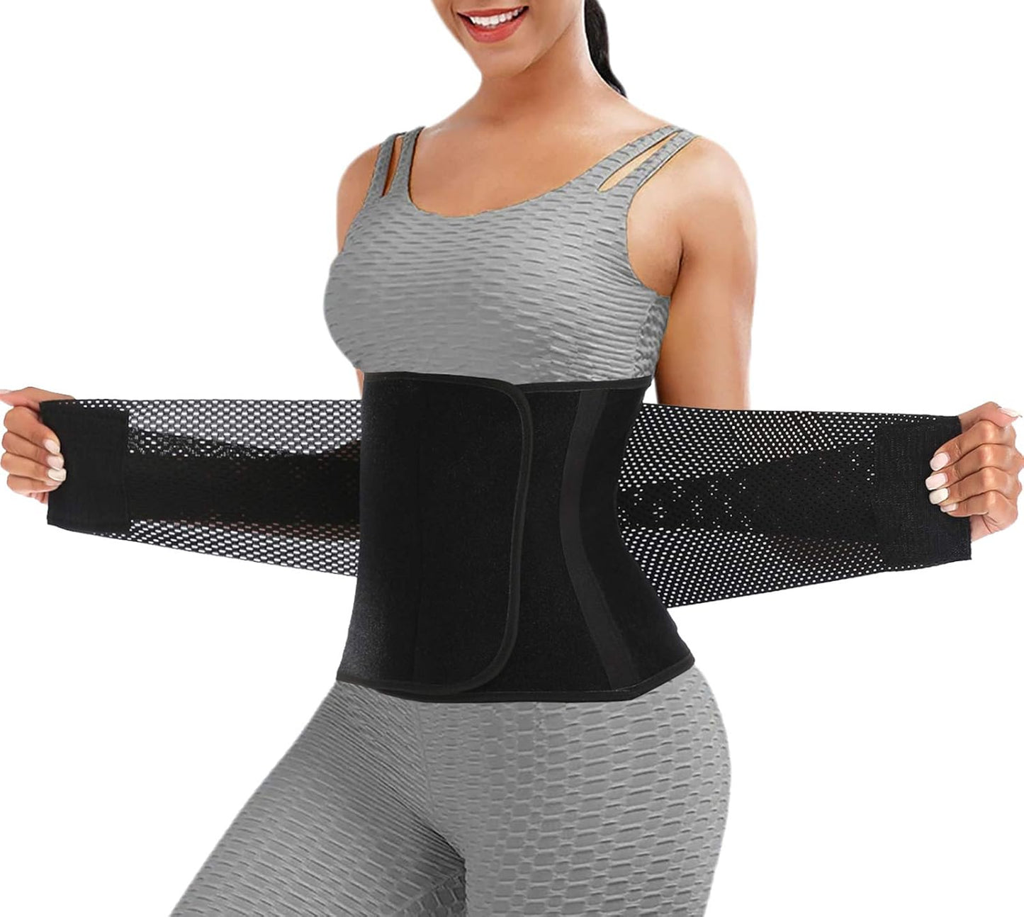 Black neoprene waist trainer belt for women with velcro closure