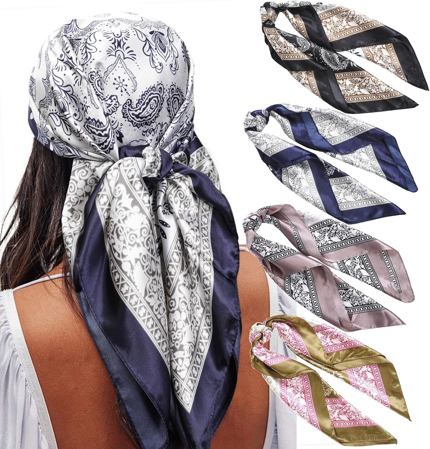 AWAYTR 35” Satin Large Square Head Scarves - 4PCS Silk like Neck Scarf Hair Sleeping Wraps Satin Silk Scarfs for Women