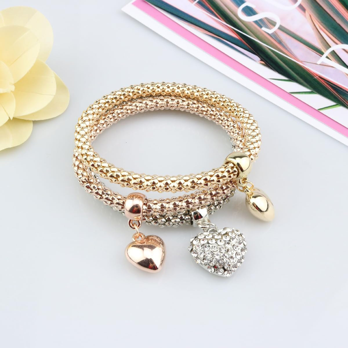Hebelee 3 PCS Love Heart Pendant Wrist Bangles Bracelets Set for Women Clear Crystal Resin Corn Stacking Wristband Elastic Adjustable Cuff Wrap Bracelet Lightweight Retro Chic Geometric Jewelry