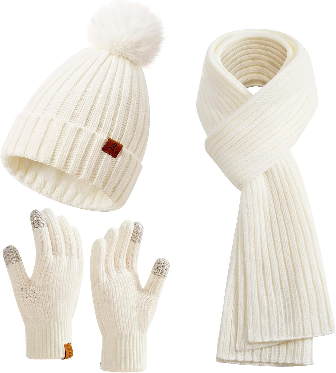 Coolprince Womens Long Scarf Gloves and Hat Set Cold Weather Hat Scarf Glove Set for Women Winter Beanie Hats with Pom Pom