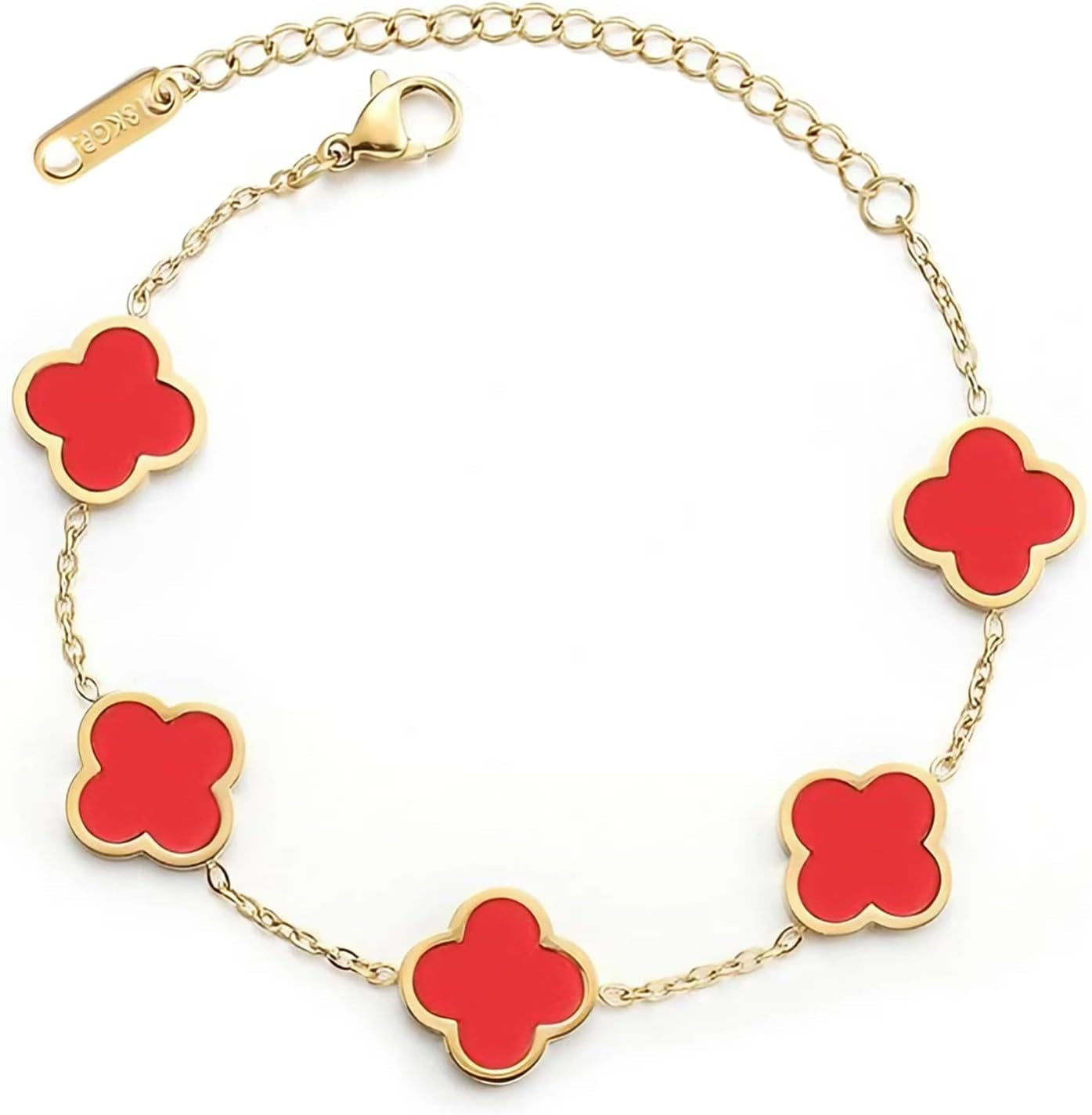 Double Sided 18K Gold Plated Clover Bracelet for Women, Dupe Four Leaf Flower Lucky Chain Bangle, Cute Jewelry Gift for Her Mom Wife