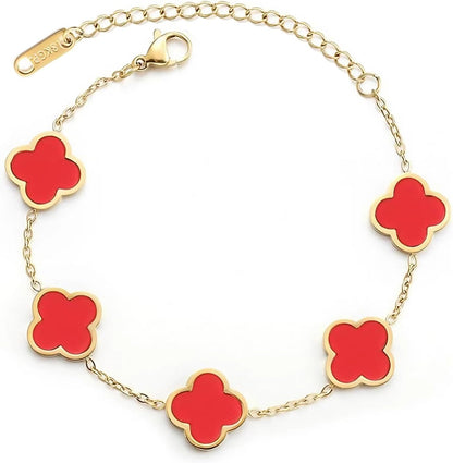 Double Sided 18K Gold Plated Clover Bracelet for Women, Dupe Four Leaf Flower Lucky Chain Bangle, Cute Jewelry Gift for Her Mom Wife