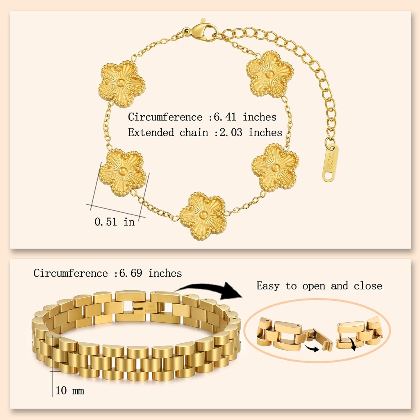 Stackable Four Leaf Clover Bracelets for Women, 18K Gold Plated Bangle Bracelets Set, 2 Pcs Charm Jewelry Gifts