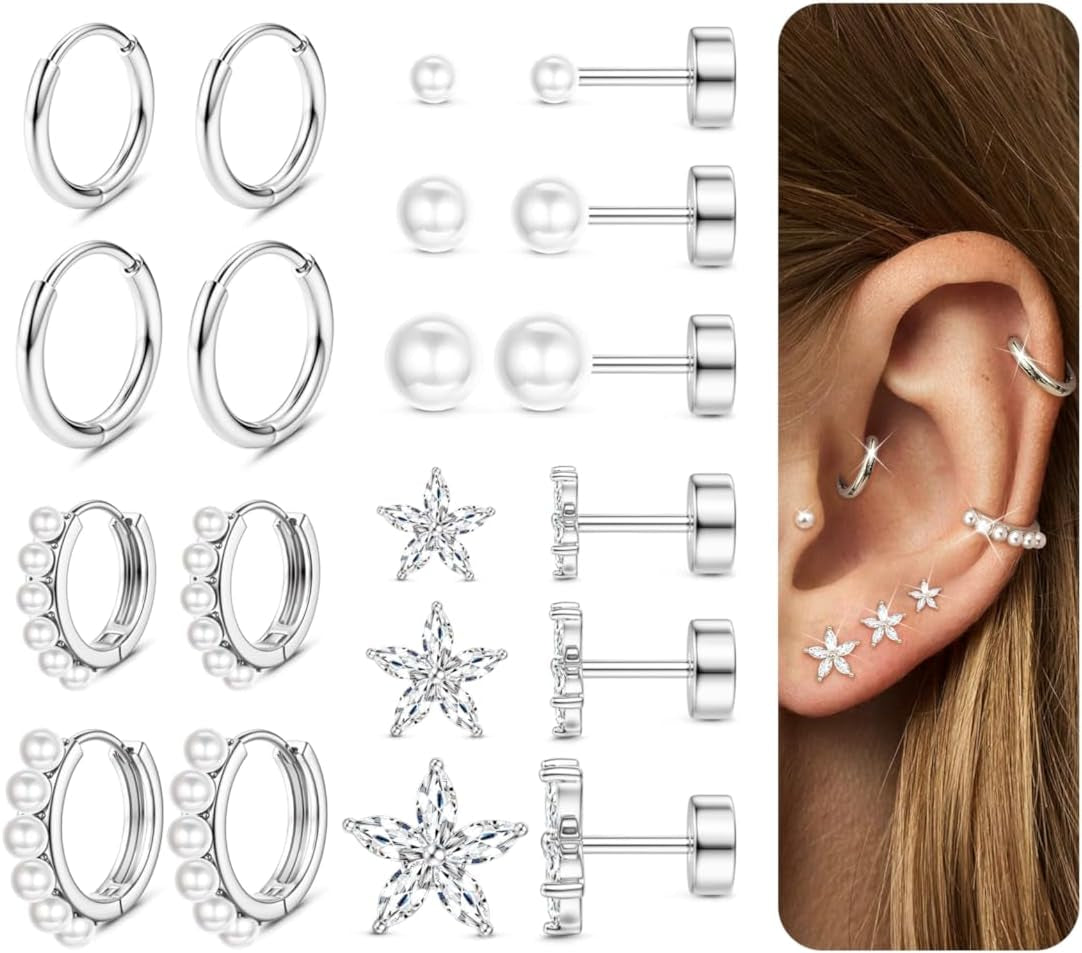 Jerywe Surgical Steel Flat Back Earrings Hypoallergenic 14K Gold Plated Cartilage Earrings for Women Trendy Small Hoop Stud Earring Stacks Flatback Stud Earring Set Helix Conch Tragus Piercing Jewelry