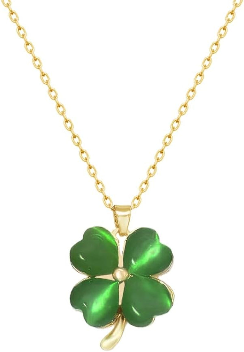 Dtja Cute Clover Flower Pendant Necklace for Women Girls Gold Plated Cats Eye Shamrock Leaf Charms Link Chain Necklace Adjustable Delicate Lucky St.Patrick'S Day Birthday Wedding Jewelry Gift 18 Inch