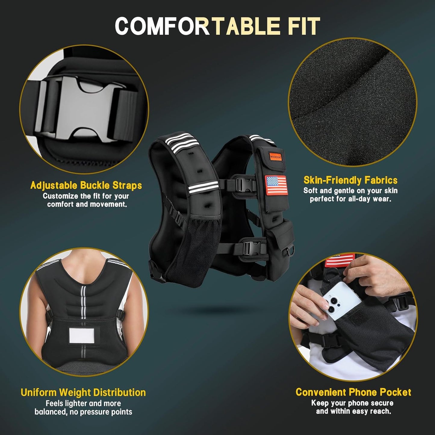 Men's 20lb weighted vest displayed flat showing weight distribution