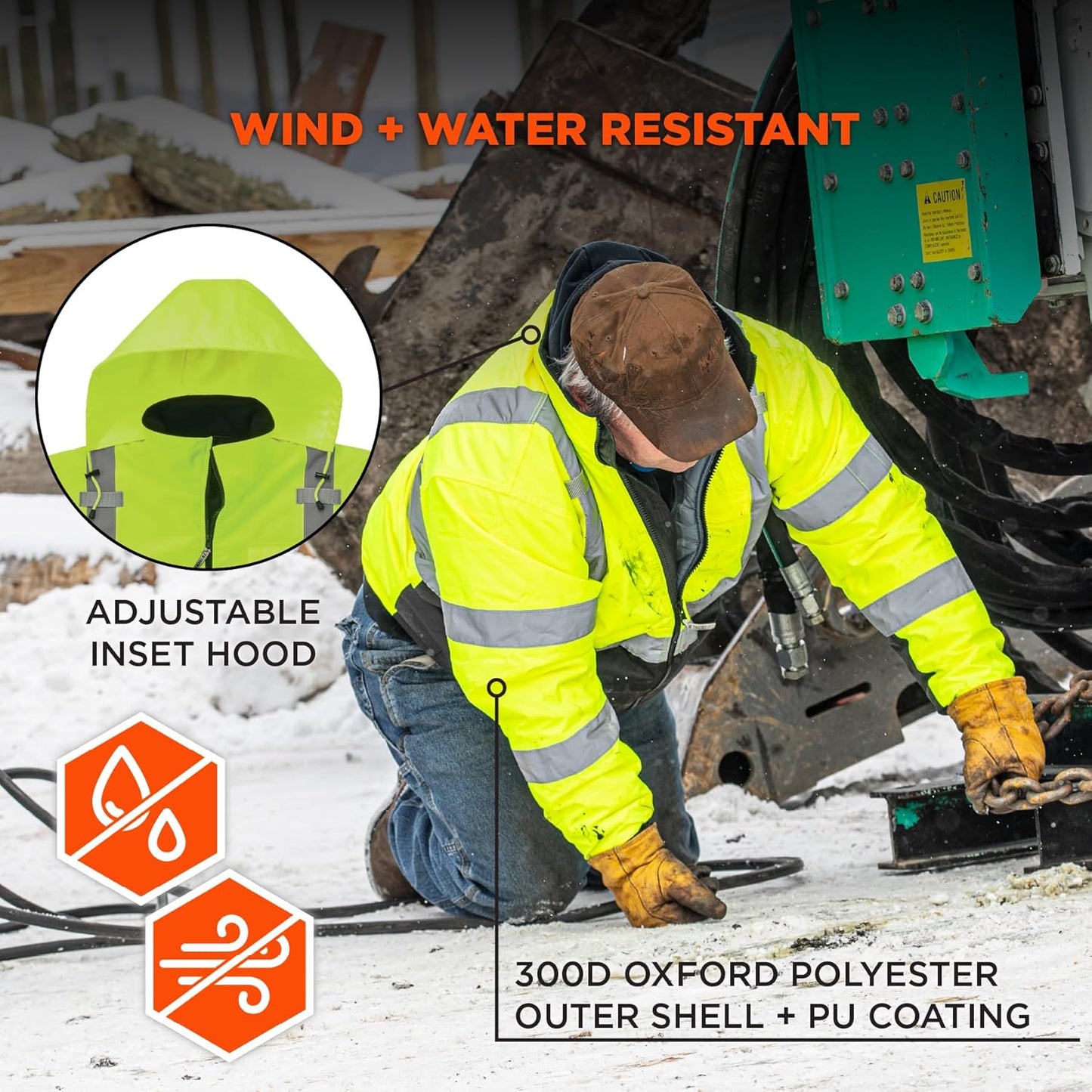 Water-resistant hi-vis coat showing polyester outer shell detail