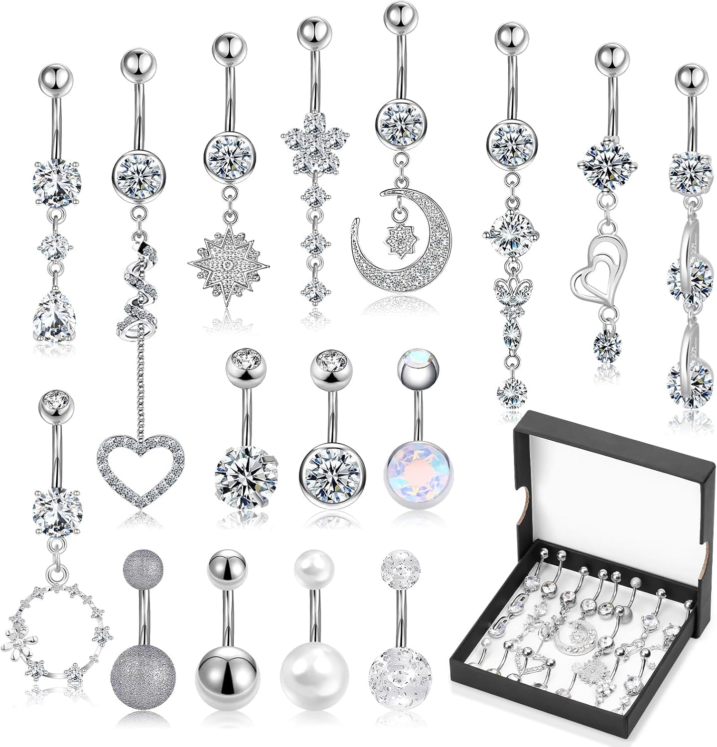 Lucomb 16 PCS 14G Dangle Belly Button Rings for Women, Stainless Steel Dangling Piercing Jewelry Belly Rings, Navel Rings Pack Cute Piercing Barbell Body Jewelry Gifts for Women