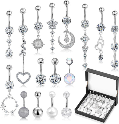 Lucomb 16 PCS 14G Dangle Belly Button Rings for Women, Stainless Steel Dangling Piercing Jewelry Belly Rings, Navel Rings Pack Cute Piercing Barbell Body Jewelry Gifts for Women