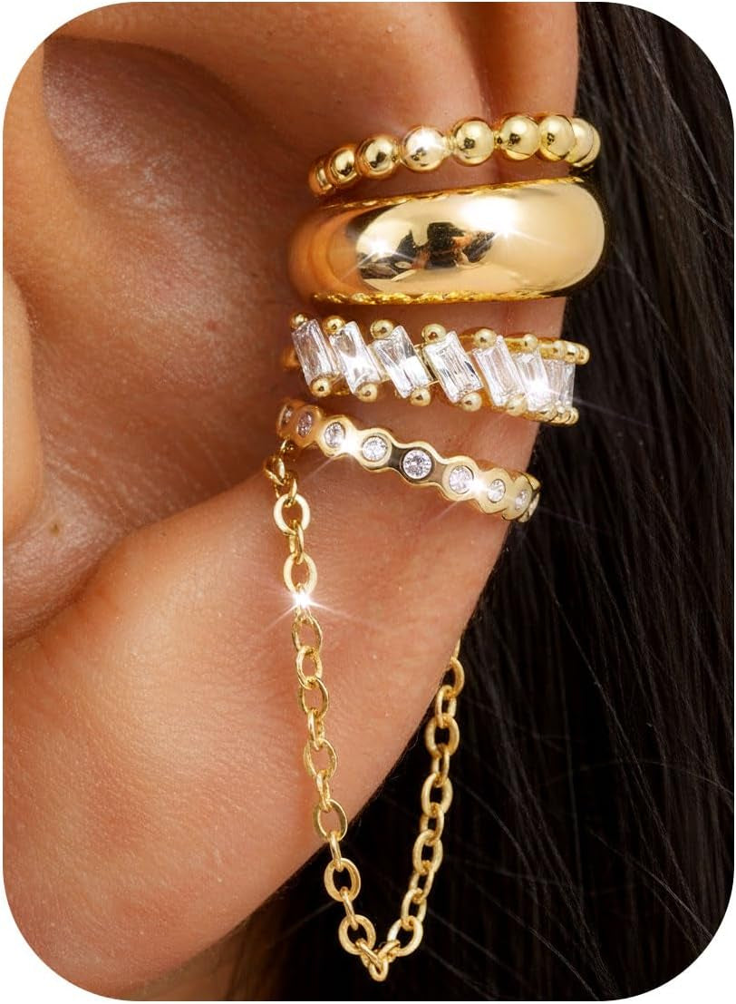 Florideco 4Pcs Ear Cuffs Non-Piercing for Women Dainty 14K Gold Plated Clip on Cartilage Earrings Hypoallergenic Huggie Hoop Cuffs Fake Earings for Non Pierced Ears