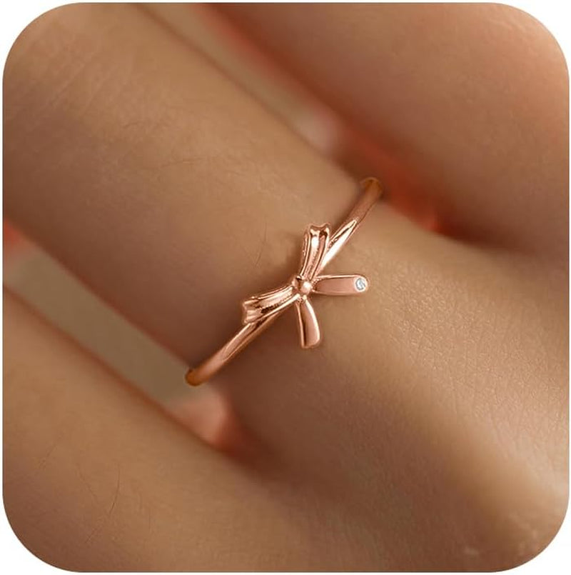 Bow Rings for Women Mother Daughter Friendship Knot Ring 925 Sterling Silver Dainty 14K Gold Plated Promise Rings for Her Birthday Graduation Gifts