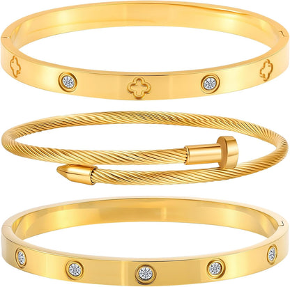 Gold Bracelets for Women - Stackable Bangles with Love & Friendship Theme - Stainless Steel Jewelry Gift for Her