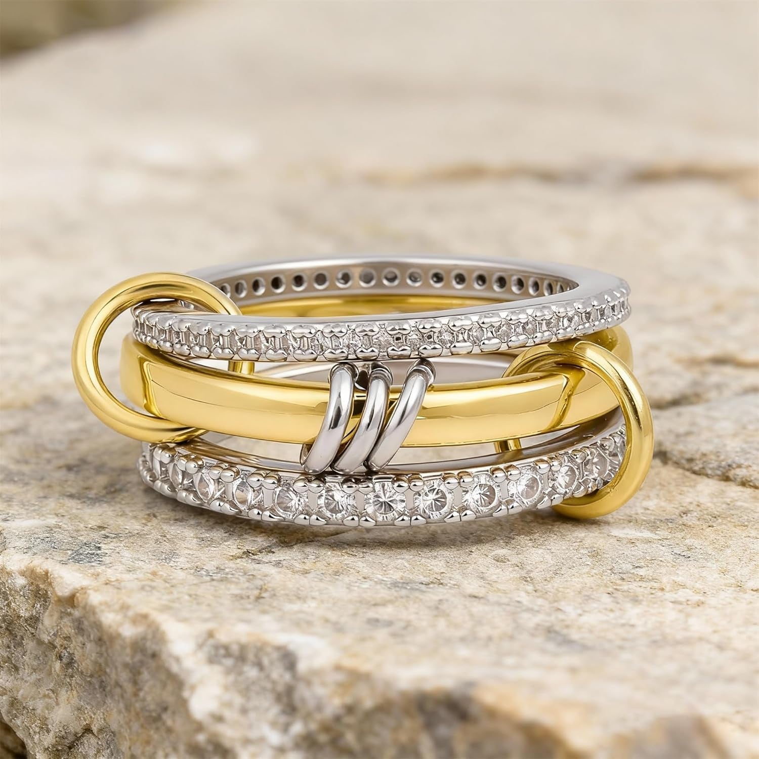 18K Gold Plated Stackable Rings for Women Non Tarnish, 3 Rings Interlocking Ring Stack Set with Cubic Zirconia, Dainty Statement Connected Mixed Metal Ring Band for Women