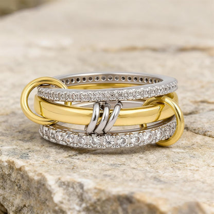 18K Gold Plated Stackable Rings for Women Non Tarnish, 3 Rings Interlocking Ring Stack Set with Cubic Zirconia, Dainty Statement Connected Mixed Metal Ring Band for Women