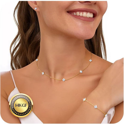 ORAZIO Dainty Silver Gold Jewelry Set for Women Trendy 14K Gold Plated CZ Flowers Pendant Choker Necklaces for Women Stud Earrings Clover Link Bracelets Stack Jewelry Gifts for Wedding Prom Brides