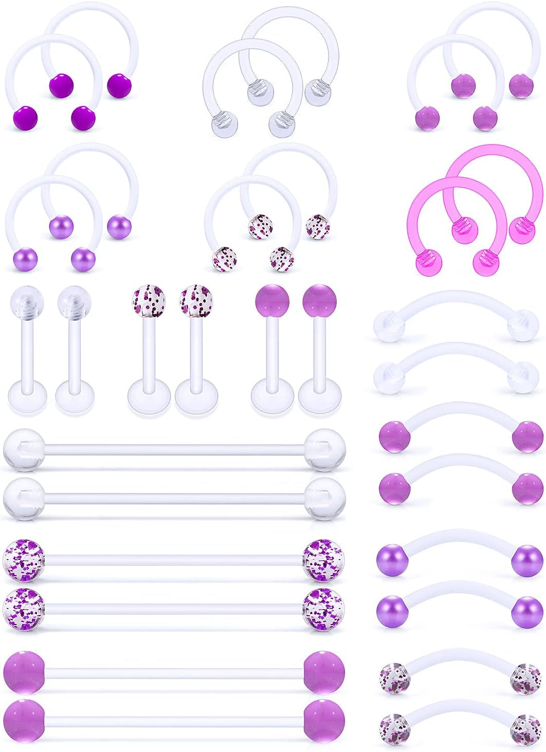 Jenxnjsjo Clear/Pink/Purple Lip Septum Rings Eyebrow Industrial Smiley Piercing Jewelry Plastic Cartilage Helix Tragus Daith Earrings Vertical Labret Medusa Retainers Kits for Surgery Work Sports