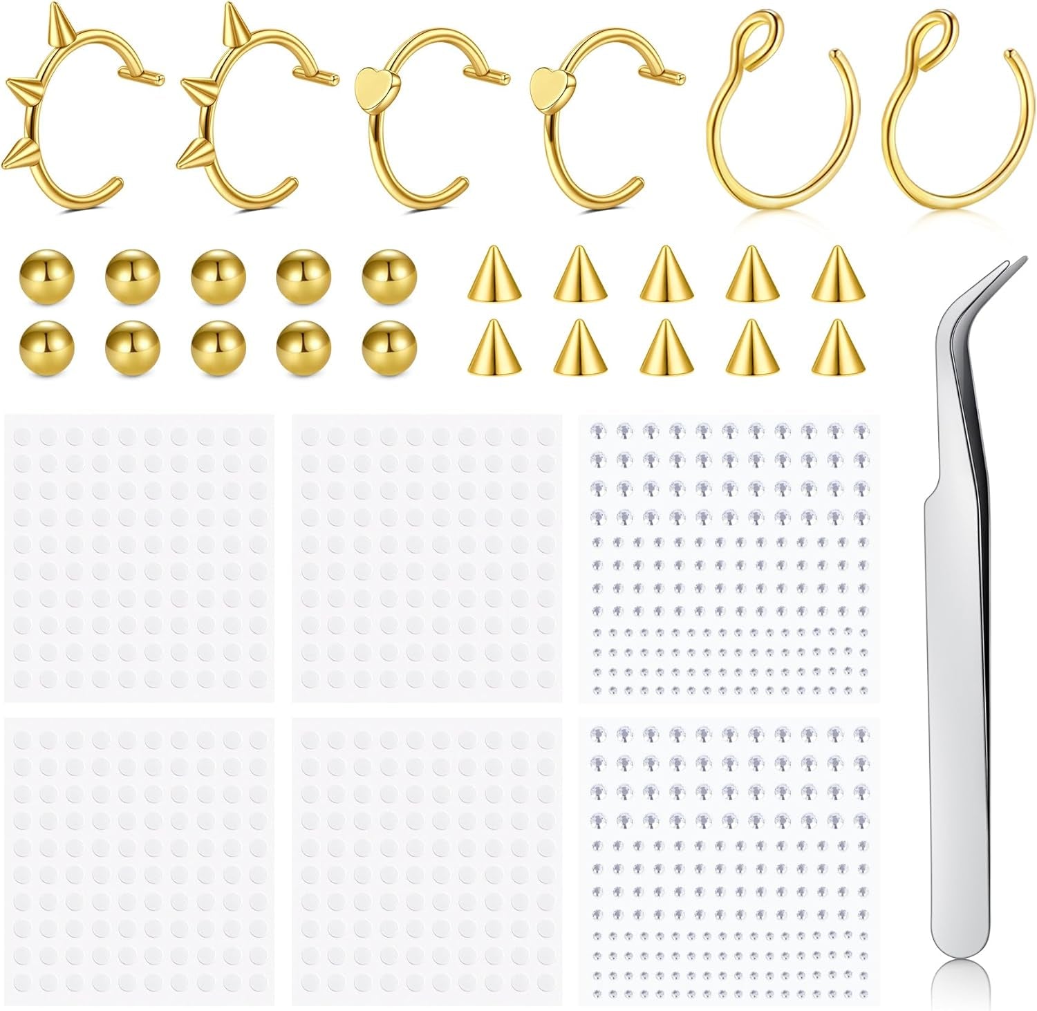 Longita Fake Lip Ring and Nose Piercing Set - Ball Spike, Hoop, Stud, Stick-On Bridge and Eyebrow Ring - Silver, Gold, Black