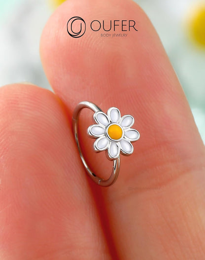 OUFER Nose Rings Hoops, 316L Surgical Steel Hinged Segment Nose Rings 20G, Silver Gold Nose Rings with Cute Daisy Design, Nose Nostril Piercing Jewelry for Women and Men