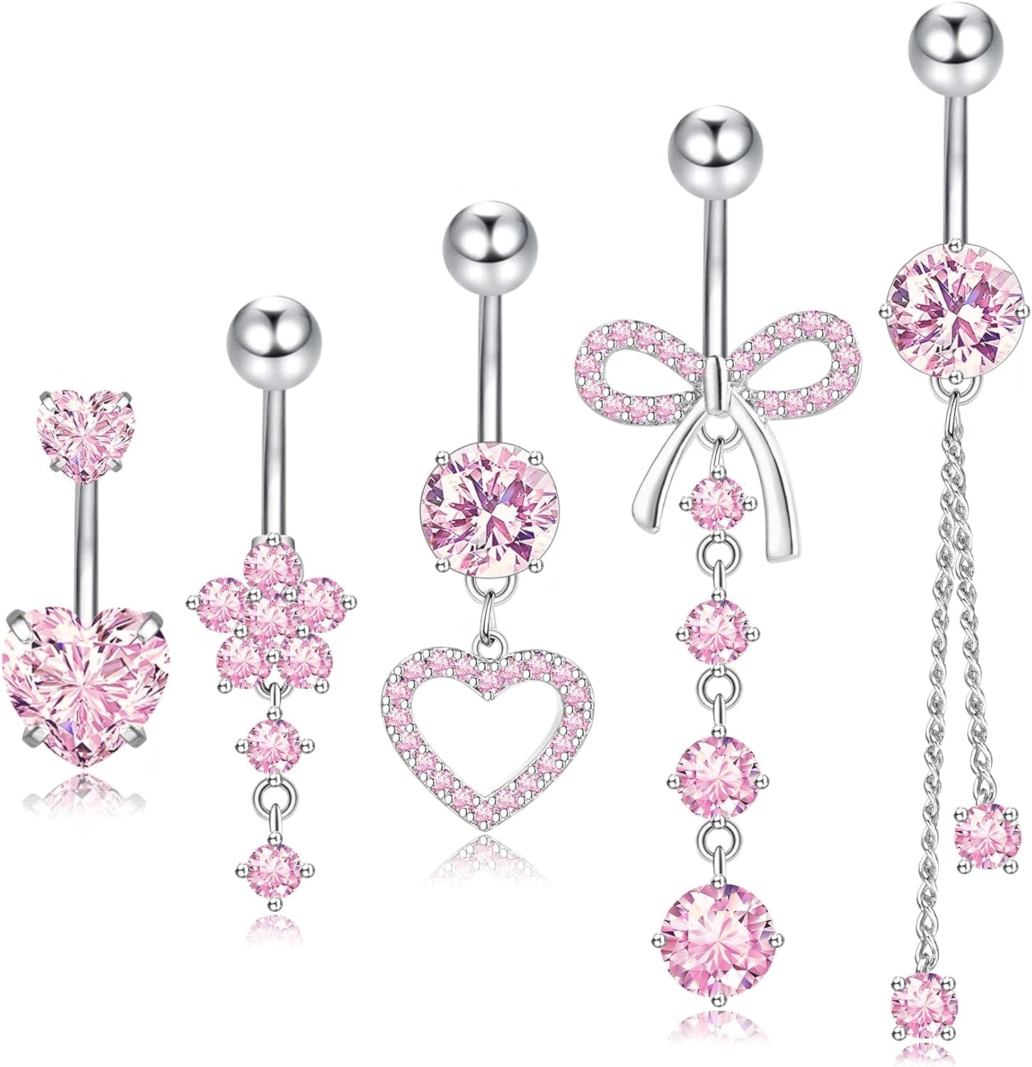 14G Clicker Belly Button Ring, Dangle Belly Button Rings, Surgical Stainless Steel CZ Cute Navel Body Piercing Jewelry for Women, Gold/Silver/Pink