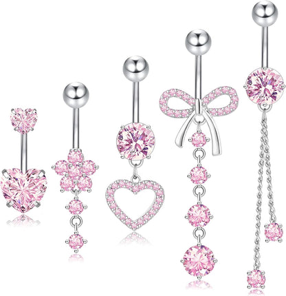 14G Clicker Belly Button Ring, Dangle Belly Button Rings, Surgical Stainless Steel CZ Cute Navel Body Piercing Jewelry for Women, Gold/Silver/Pink