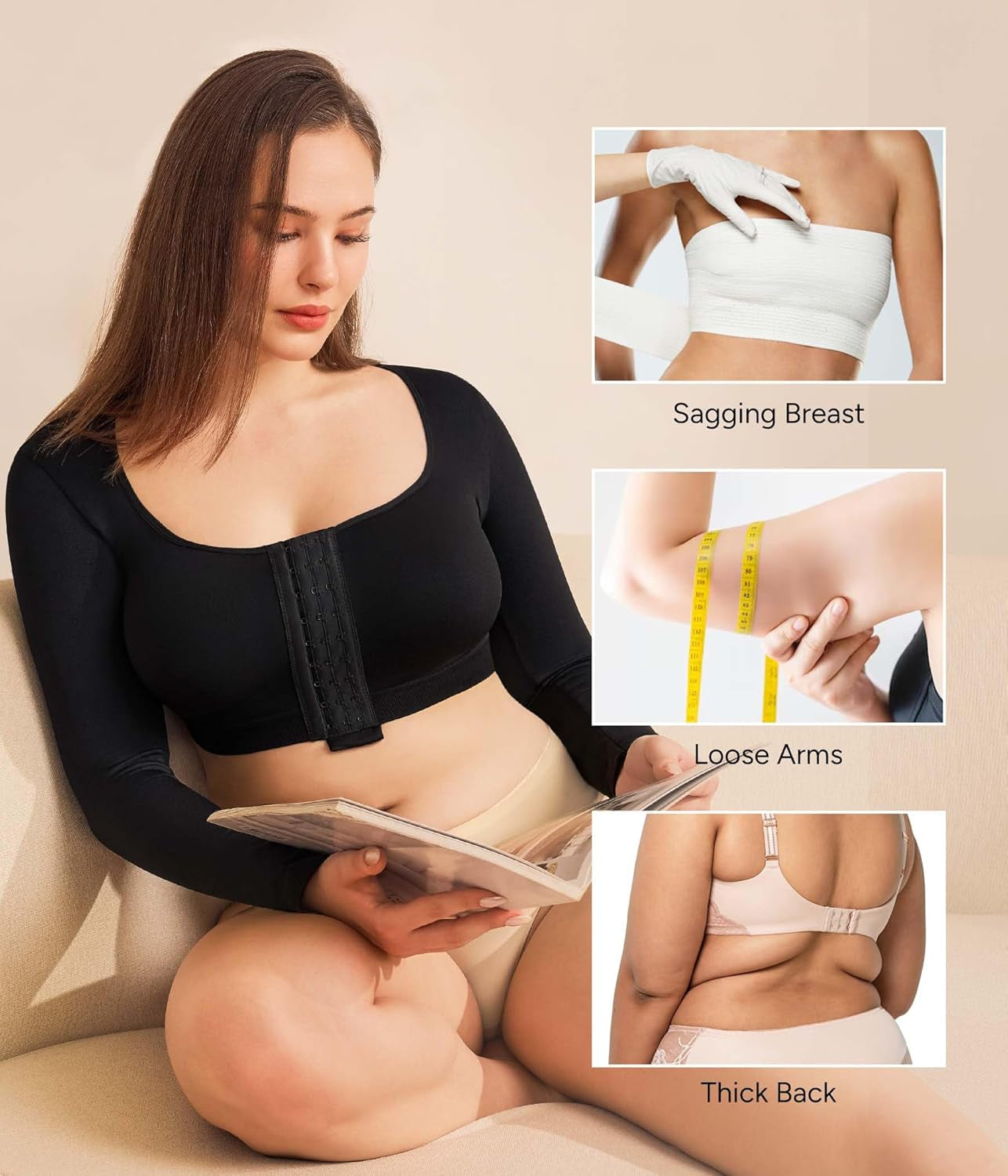 Arm shaper post-surgery bra on female model demonstration