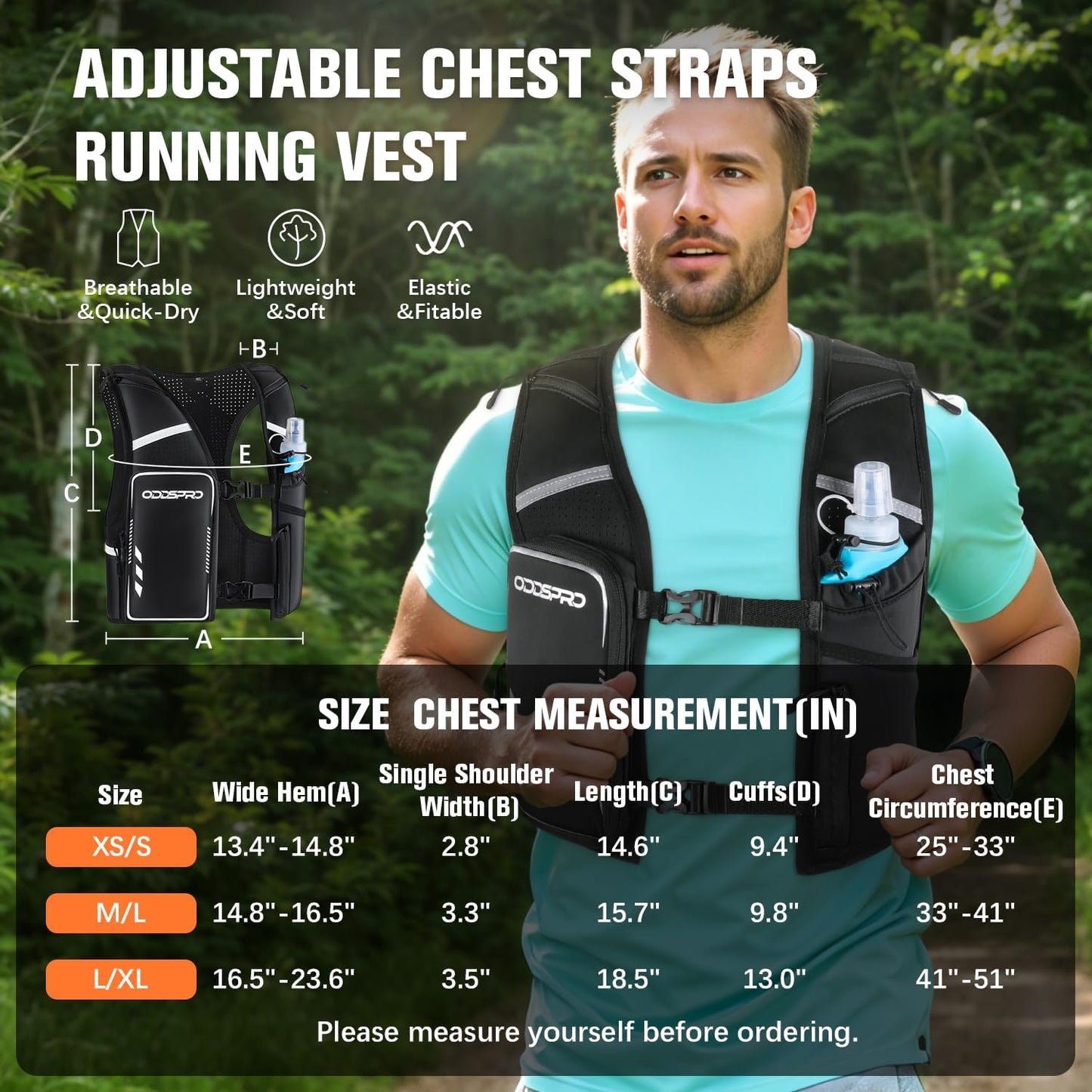 Men's breathable running vest front view with 10 pockets