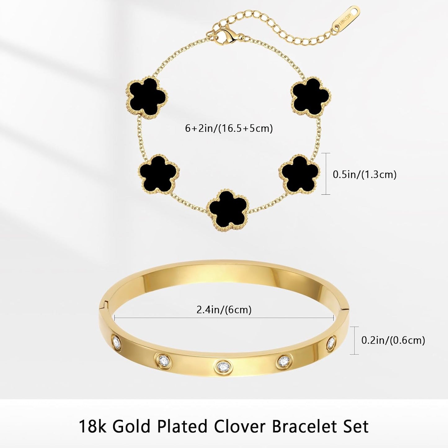 Adjustable 18K gold plated clover bangle bracelets stacked together
