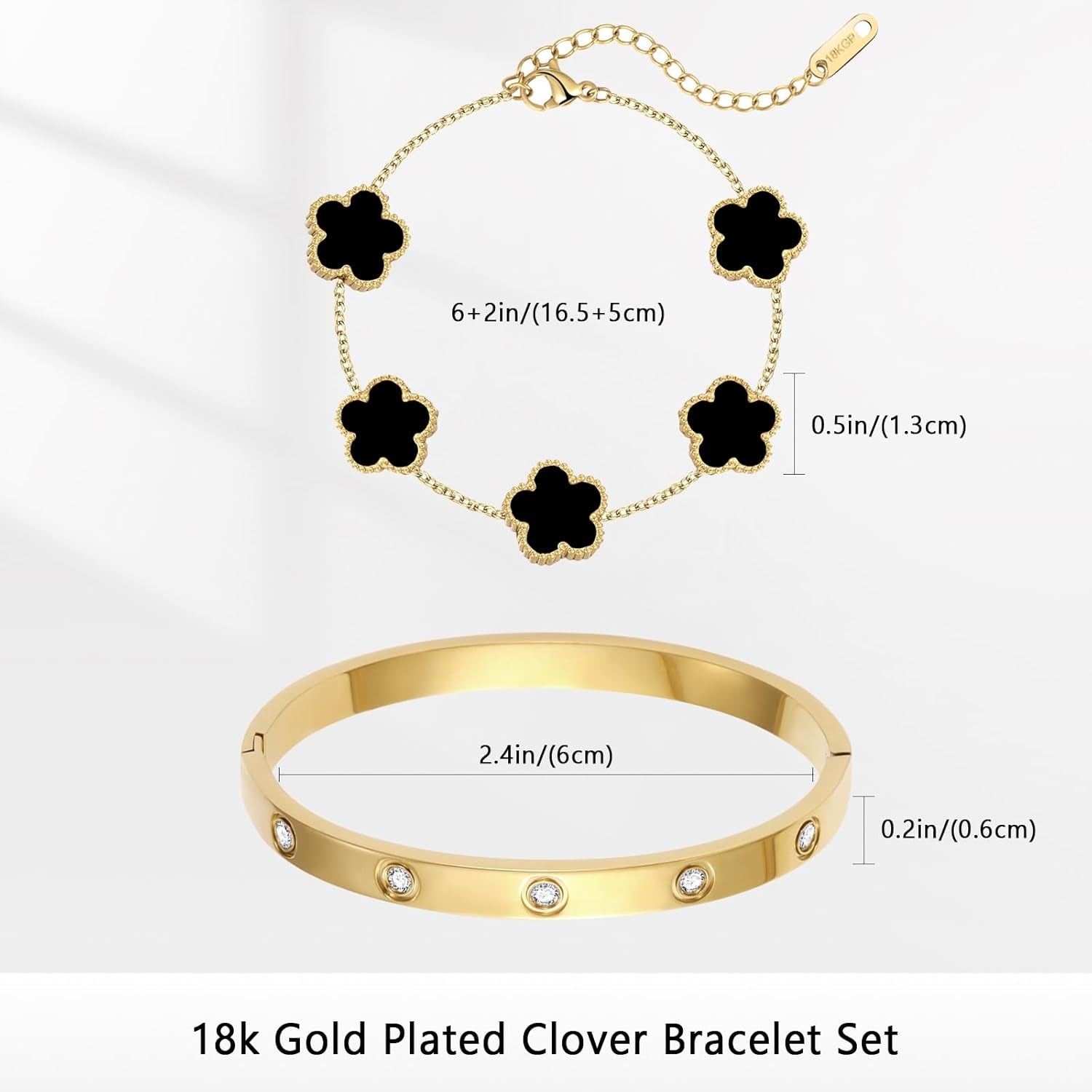 Adjustable 18K gold plated clover bangle bracelets stacked together