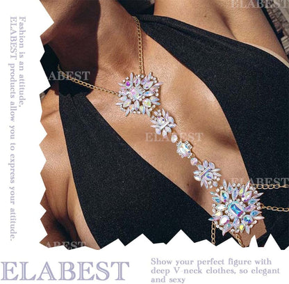 ELABEST Boho Rhinestone Statement Chest Chain Crystal Necklace Body Chain Summer Beach Body Jewelry Accessories for Women