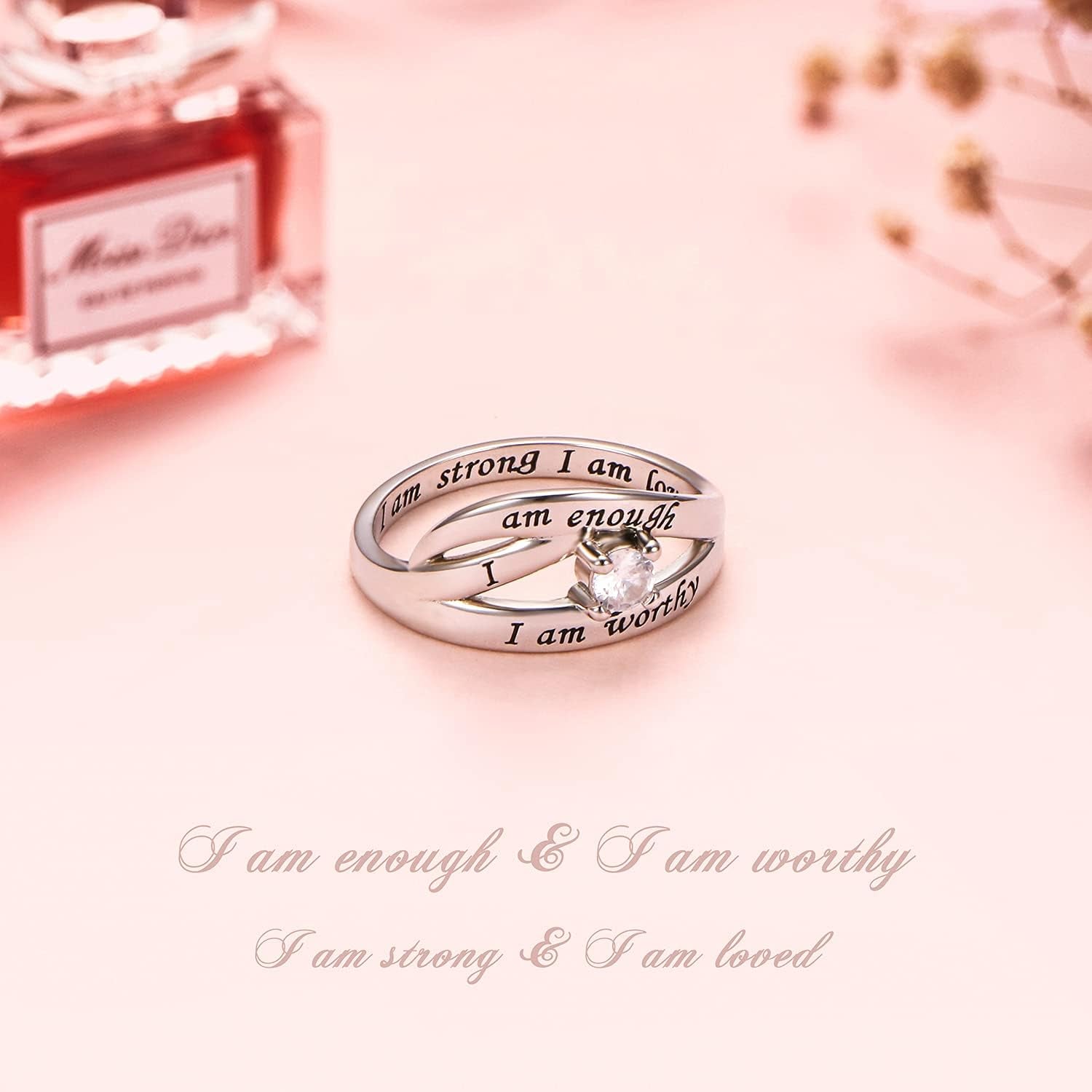 DAOCHONG 925 Sterling Silver I Am Enough I Am Worthy I Am Strong I Am Loved Ring for Women