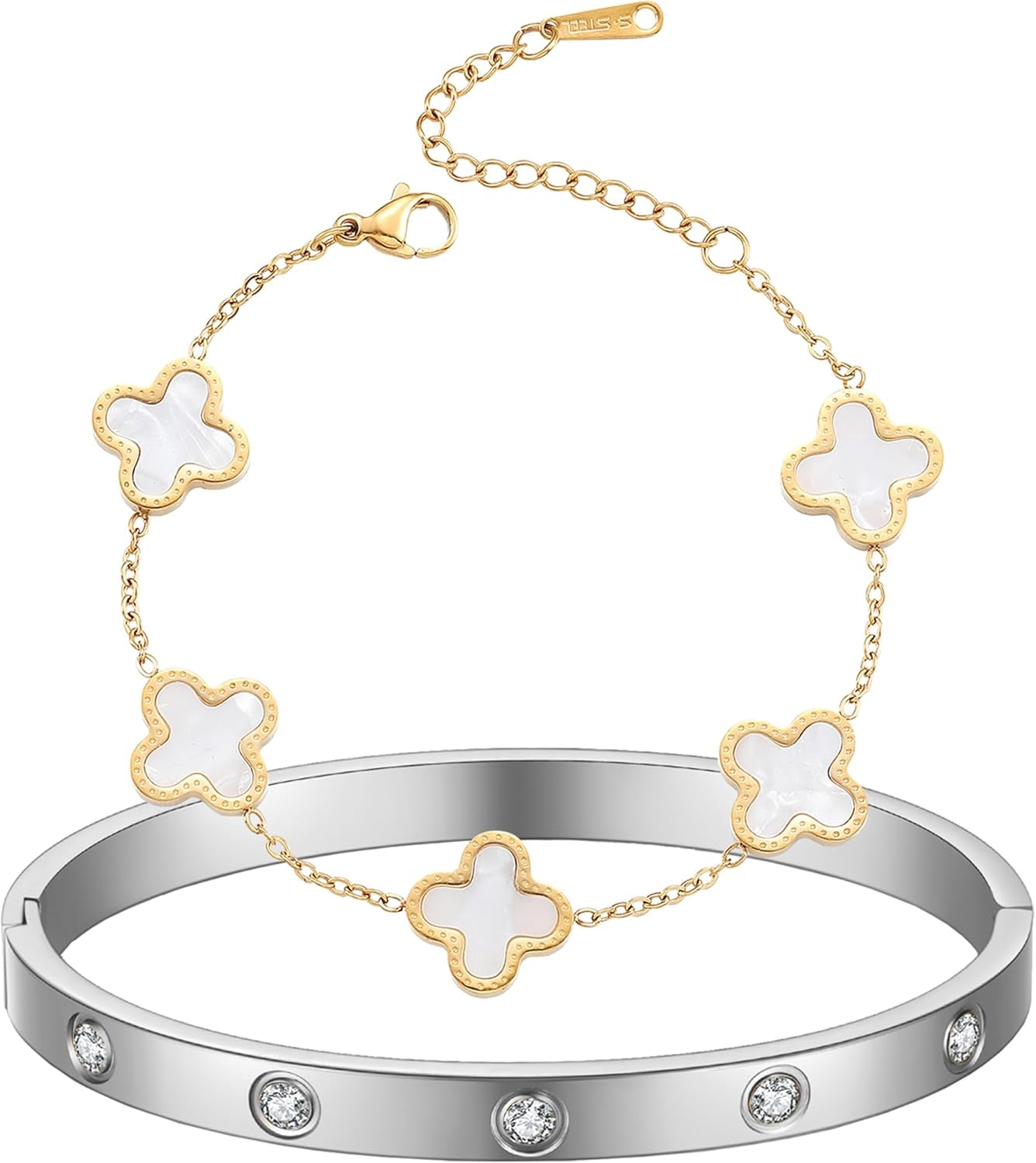 18K Gold Plated Clover Bracelet Love Bangle Set for Women Stackable Cute Fashion Simple Friendship Bracelets Lucky Bracelet Jewelry Trendy Gifts for Women