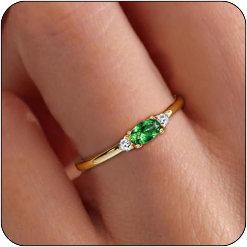 14K Gold Plated Birthstone Rings for Women Dainty Cute Stackable Rings Non Tarnish Thumb CZ Emerald Green Gemstone Ring Jewelry Birthday Christmas Gift for Mother Daughter Band Size 6-11