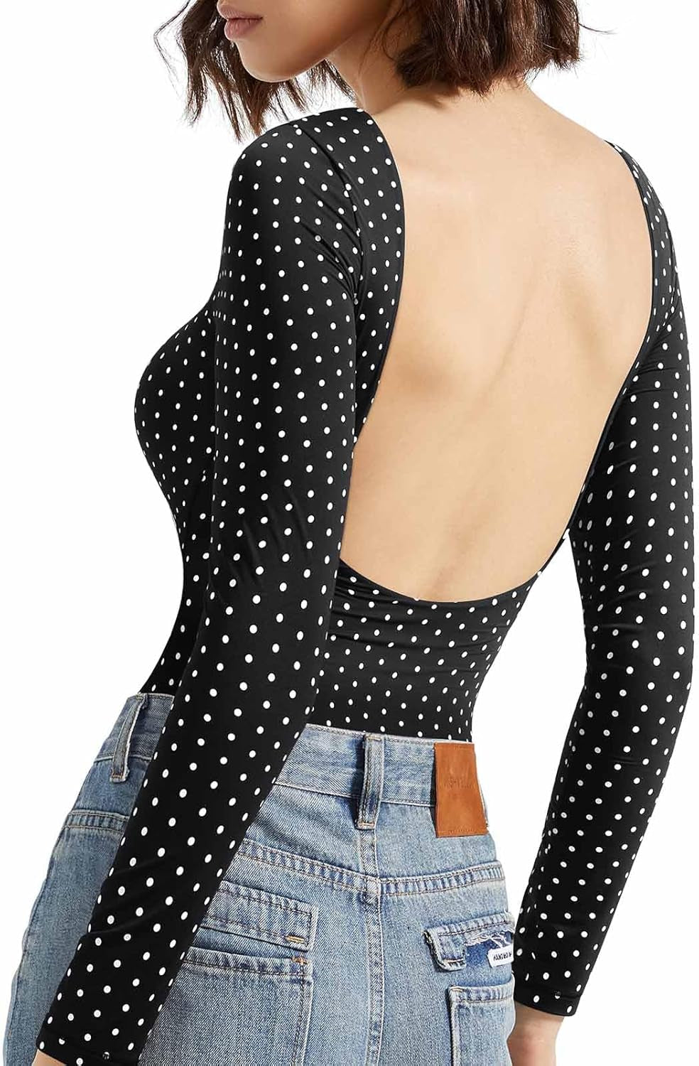 Double lined open back bodysuit detail close-up