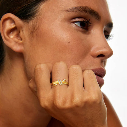 Gold-plated rings worn as stackable set on fingers