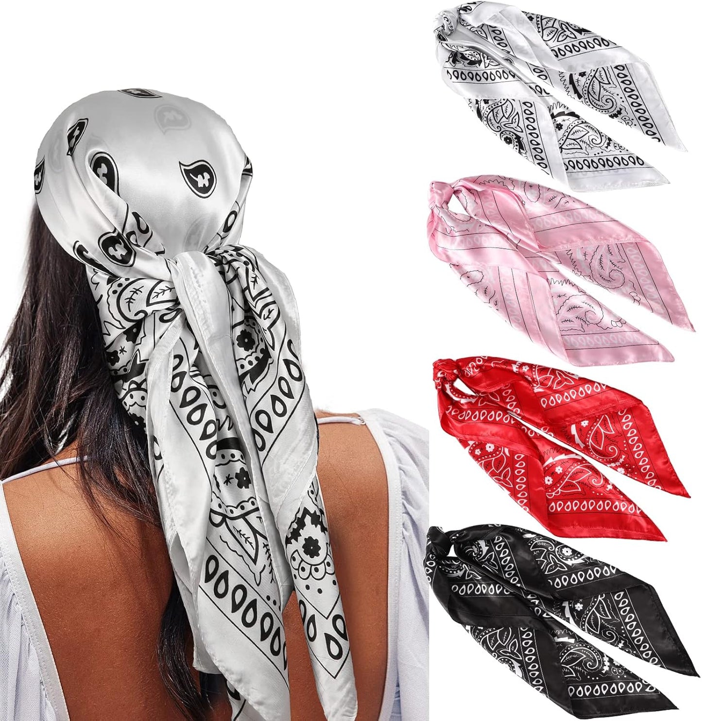 AWAYTR 35” Satin Large Square Head Scarves - 4PCS Silk like Neck Scarf Hair Sleeping Wraps Satin Silk Scarfs for Women
