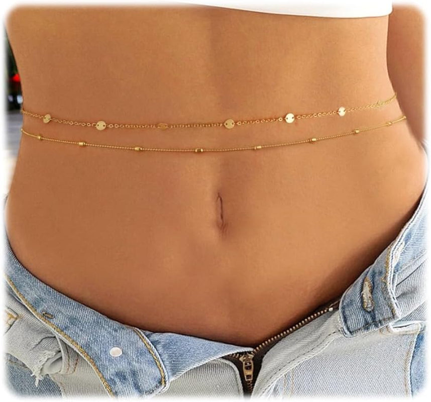ASCOMY Waist Chains for Women 14K Gold Plated 2Pcs Body Chains Layered Cuban Pearl Satellite Beads Rope Coin Heart Pendant Belly Belt Body Chains Adjustable Bikini Body Jewelry for Women