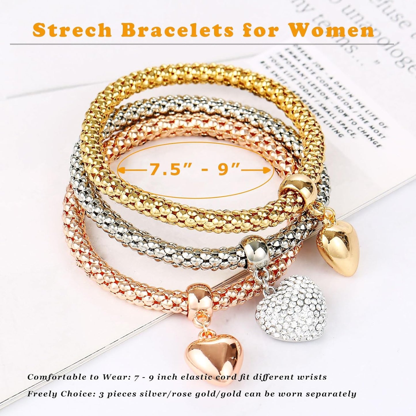 Stretch Bracelets for Women Gold/Silver/Rose Gold Elastic Bracelet Set for Women 3 PCS Stackable Bracelets Multilayer Charm Bracelet Christmas Gifts for Women